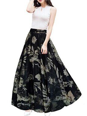 Afibi Women Floral Print Pleated Vintage Chiffon Long Maxi Skirt